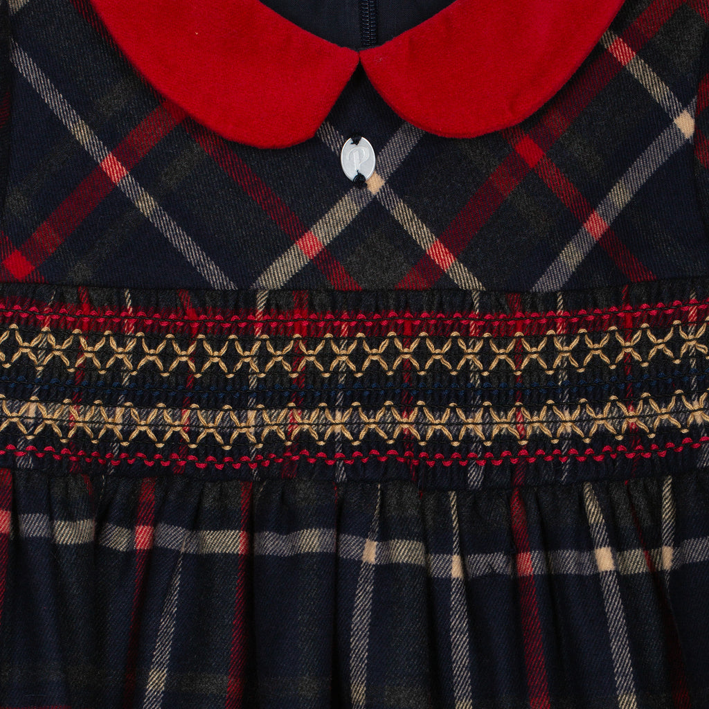 Patachou navy tartan smocked dress for Christmas close up 