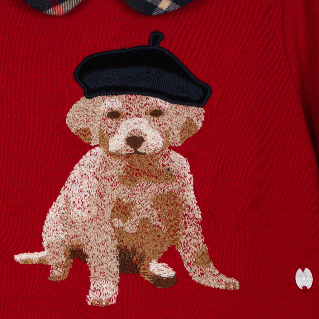 Patachou red and navy tartan girls dress with embroidered dog detail