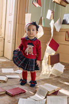 Patachou girls red and navy tartan dress with embroidered dog motif front view