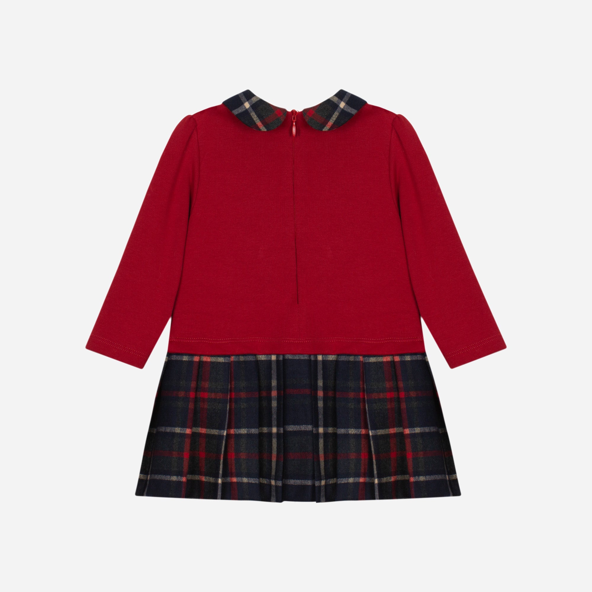 Back view of Patachou girls red tartan dress with pleated skirt