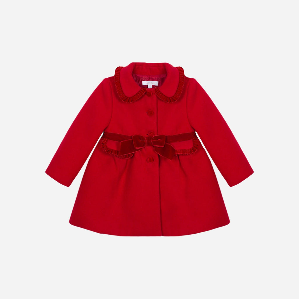 Patachou red girls Christmas coat with velvet bow waist – festive detail
