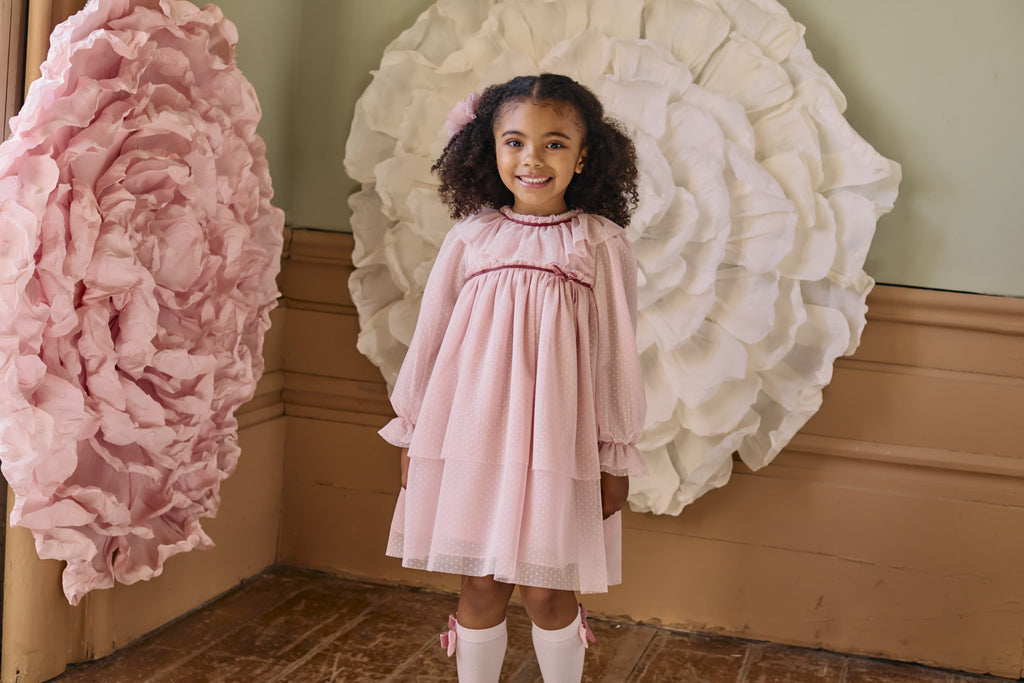 Patachou pink girls dress with frilled layers – occasion outfit look on girl aged 5