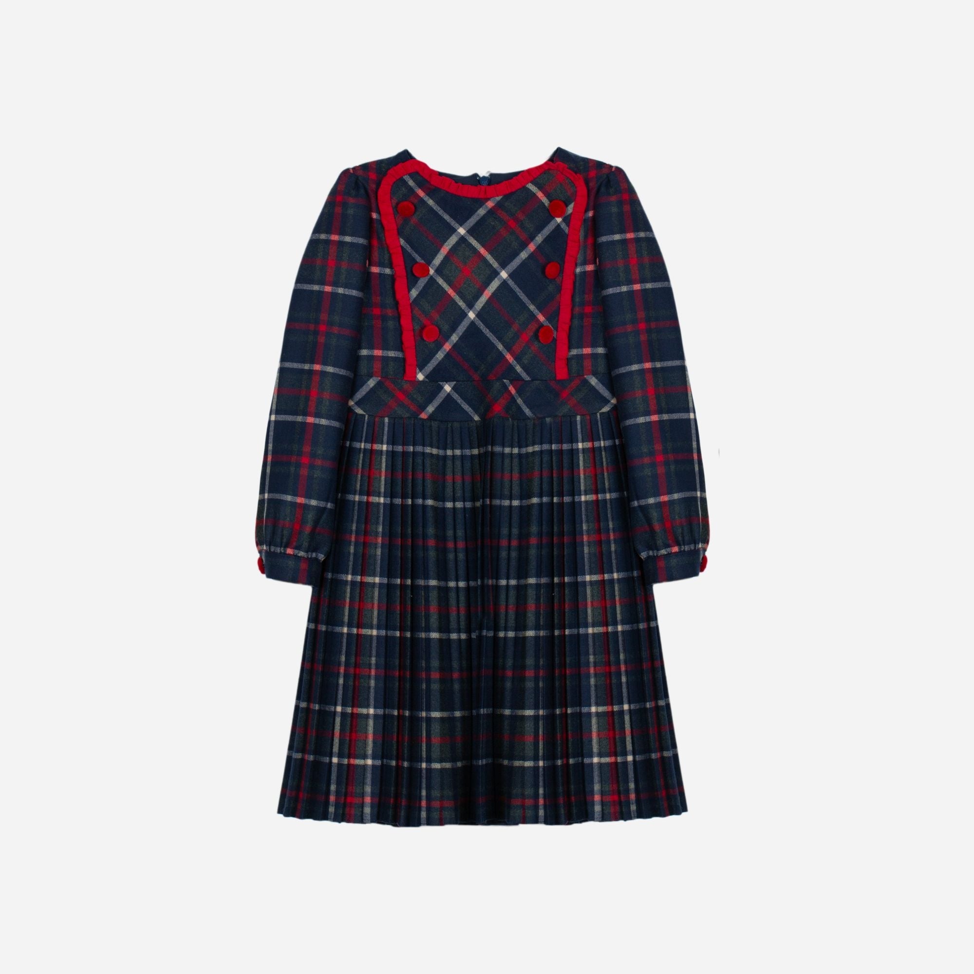 Patachou girls tartan pleated long sleeve dress – navy and red check, front view