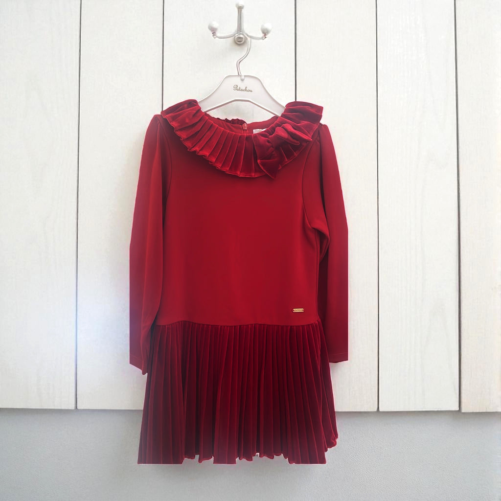 Patachou red party dress with pleated velvet collar and pleated a-line skirt
