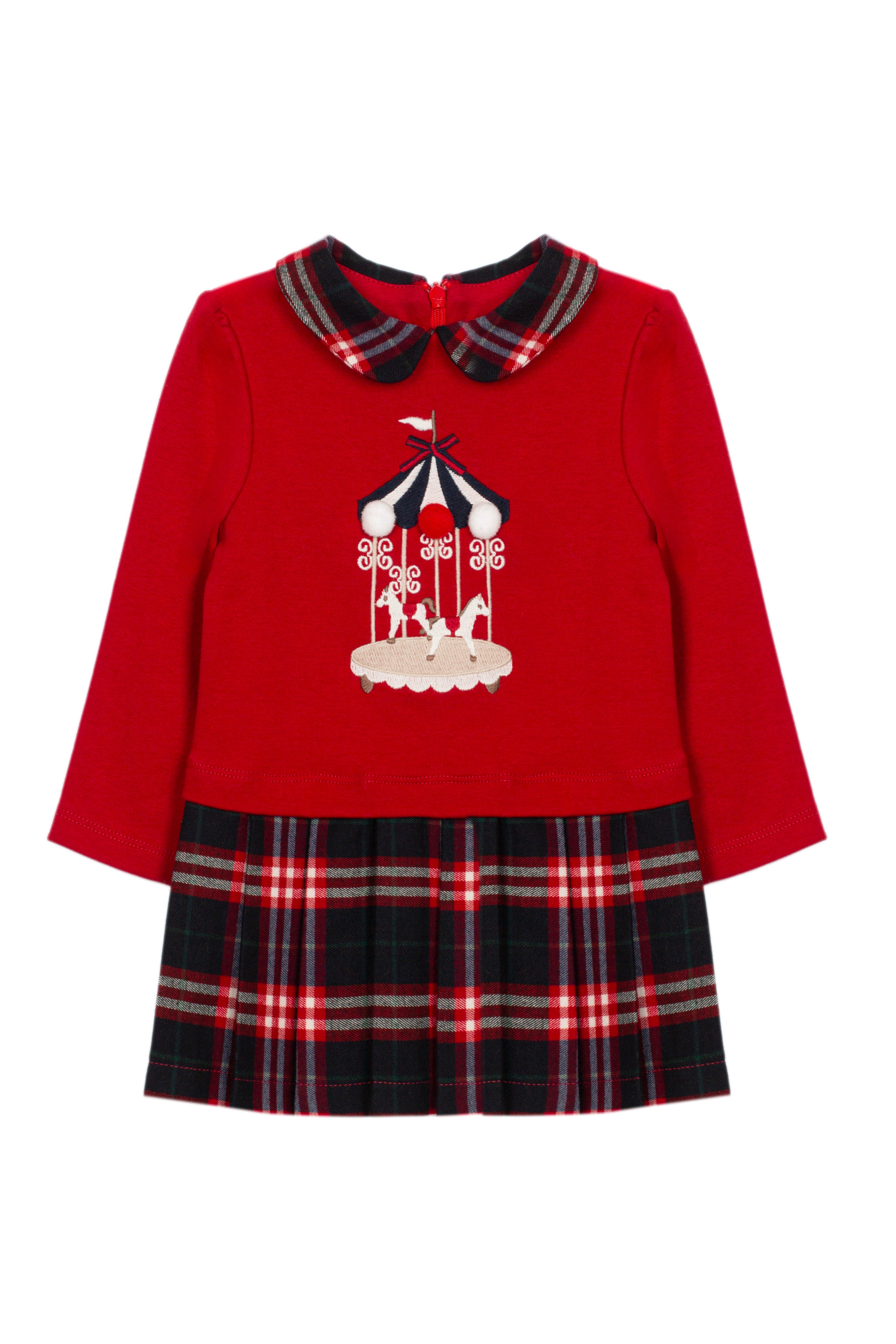 Patachou baby girls red carousel Christmas day dress with tartan skirt back view