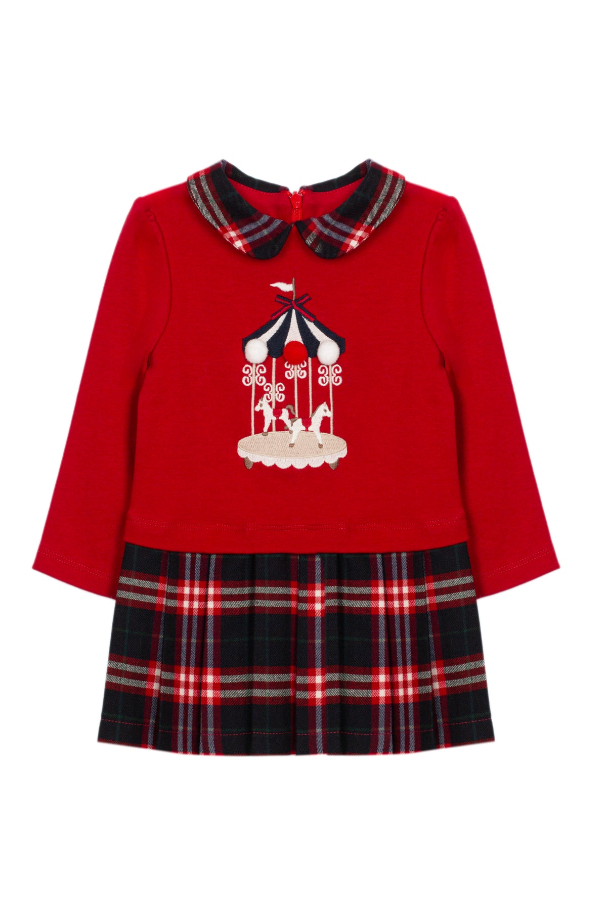 Patachou baby girls red carousel Christmas day dress with tartan skirt back view