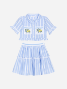 Patachou girls blue striped lemon skirt and top set front view