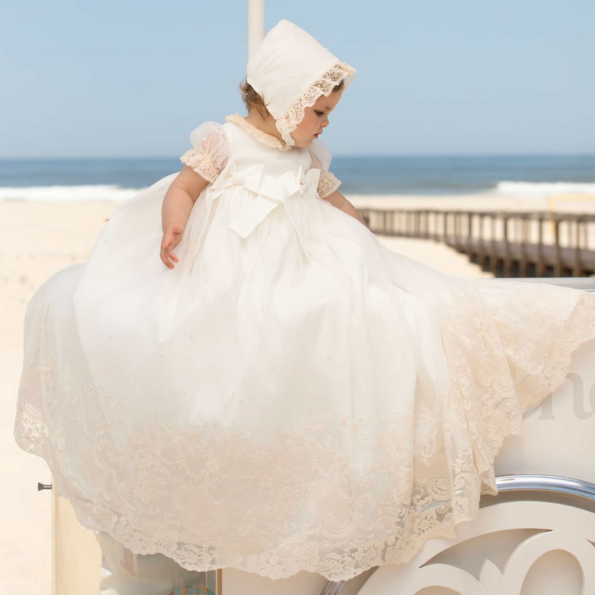 Patachou Ecru Unisex Full Length Gown & Bonnet Outfit For Christenings