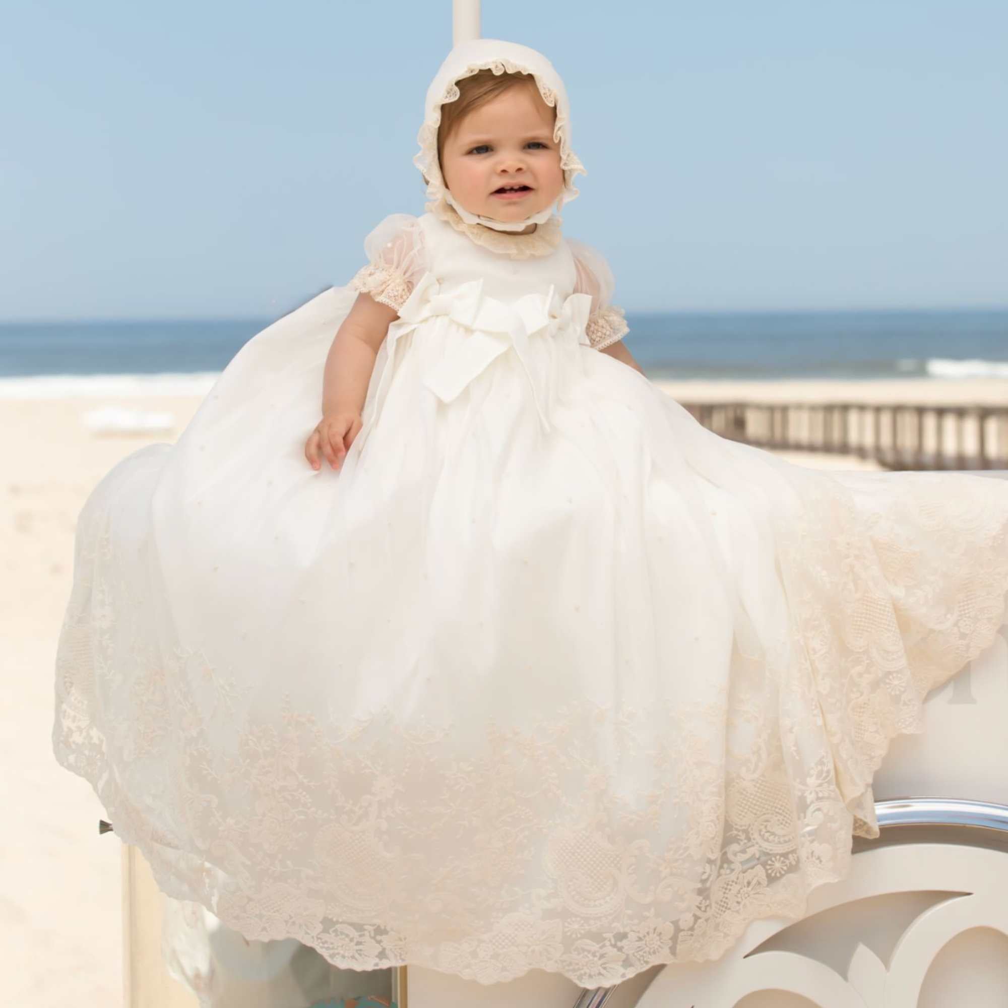Patachou Ecru Unisex Full Length Christening Gown & Bonnet Set