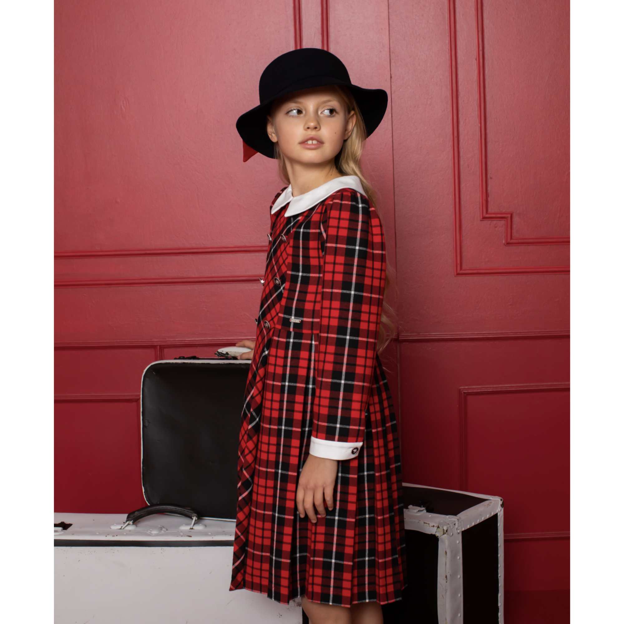 Ex F & F Girls Red Navy Tartan Dress Bolero & Tights Xmas Outfit 3