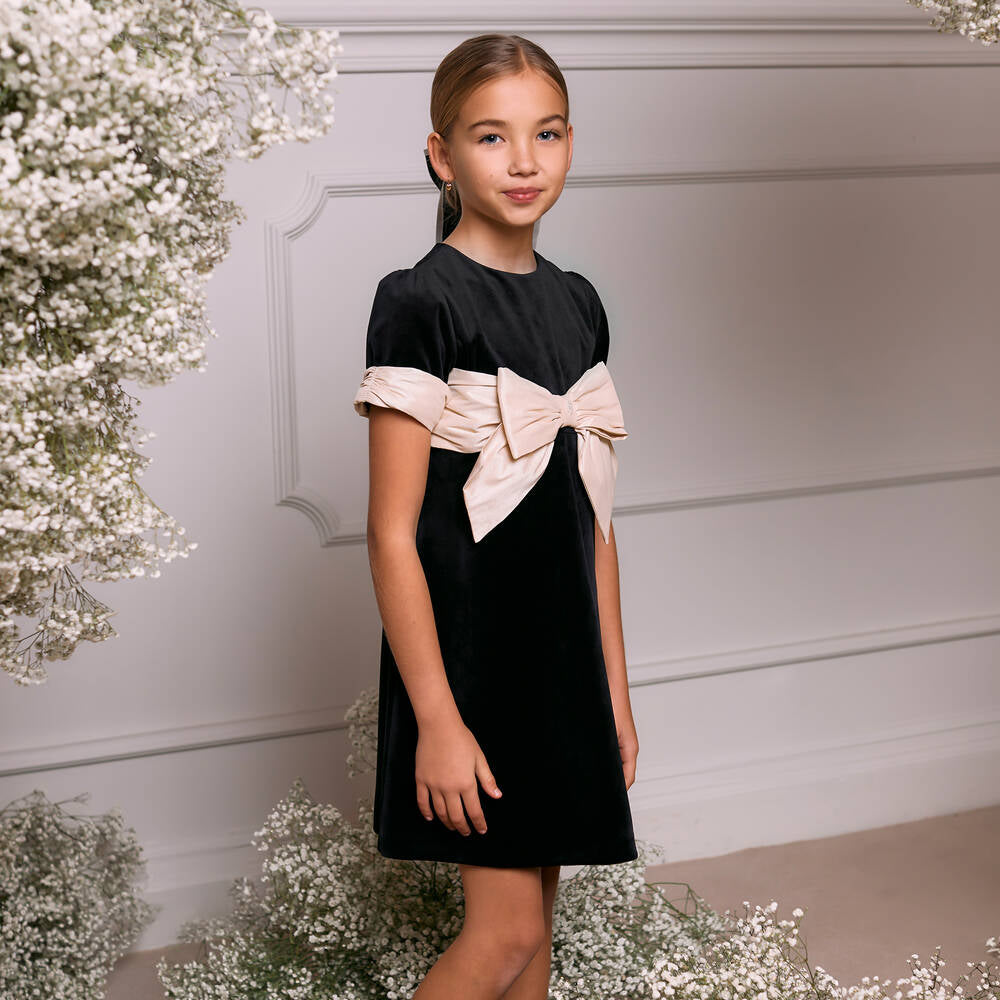 Patachou Girls Black Party Dress With Velvet Bow