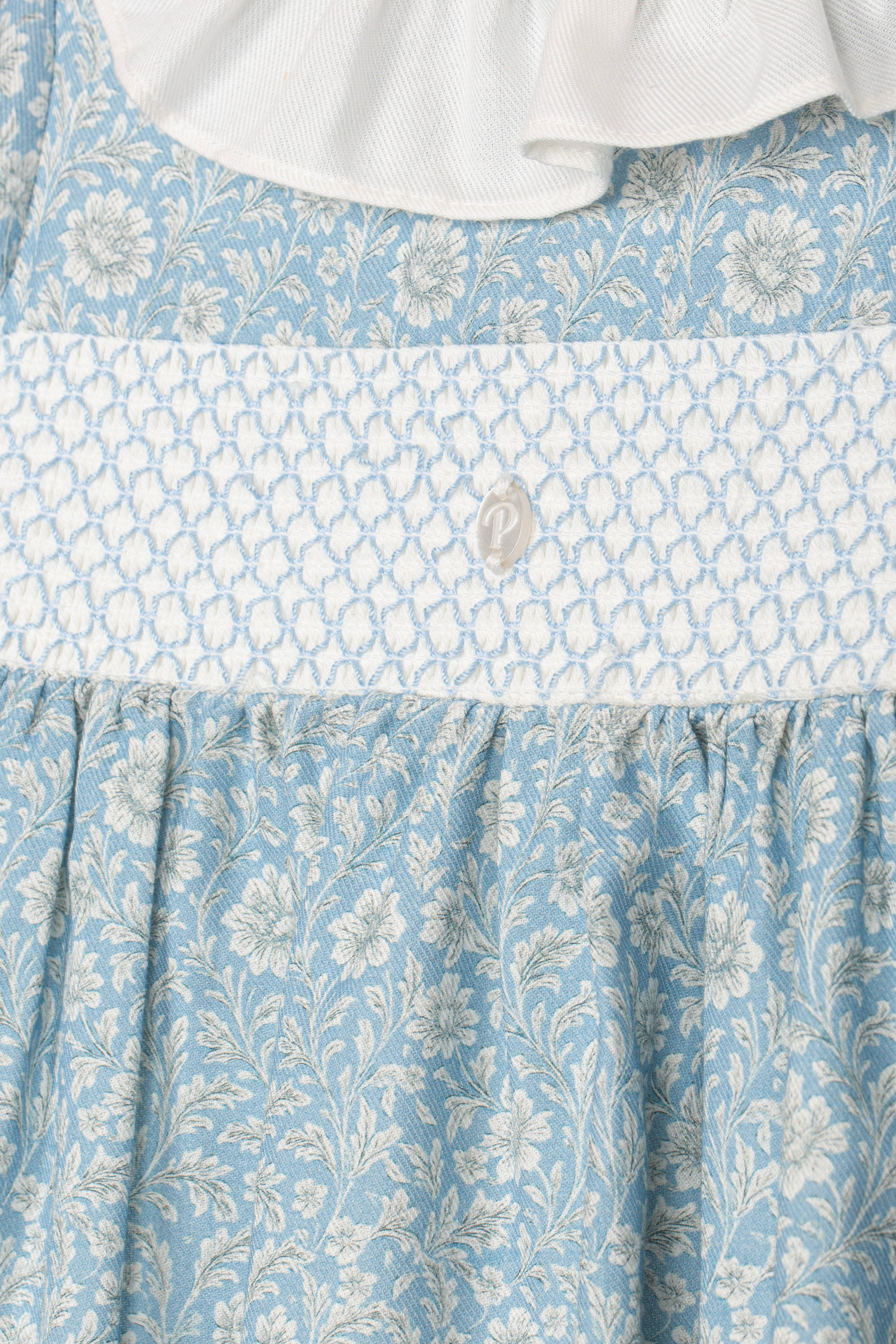 Close-up of Patachou blue garden dress smocked chest panel