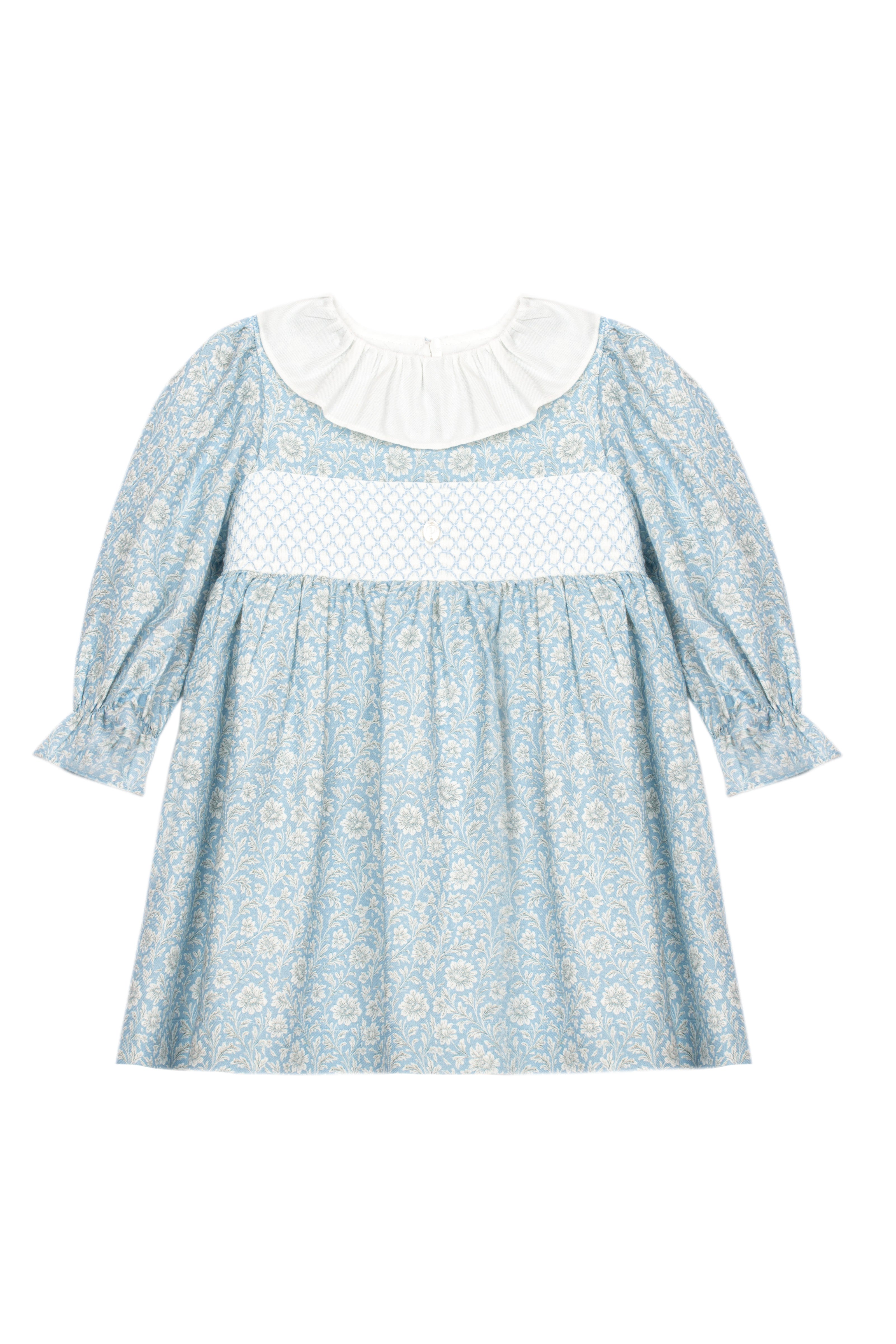 Patachou baby and girls blue garden cotton dress with white frill collar front view