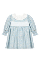 Patachou baby and girls blue garden cotton dress with white frill collar front view