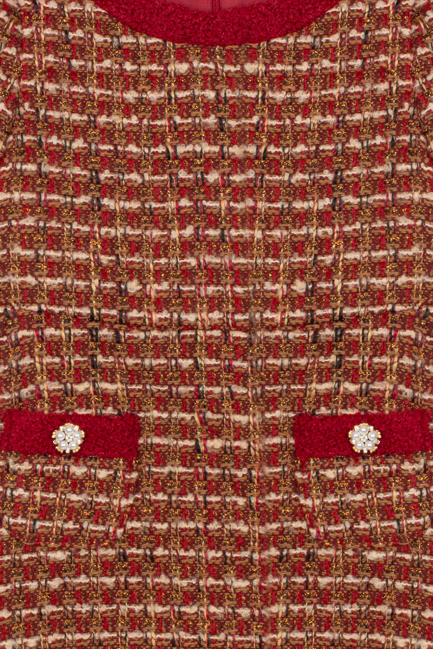     Girl wearing Patachou burgundy tweed Christmas occasion dress