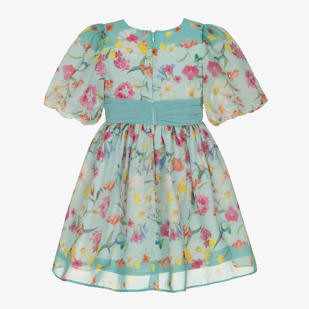 Patachou Girls Green Floral Chiffon Dress From The Back