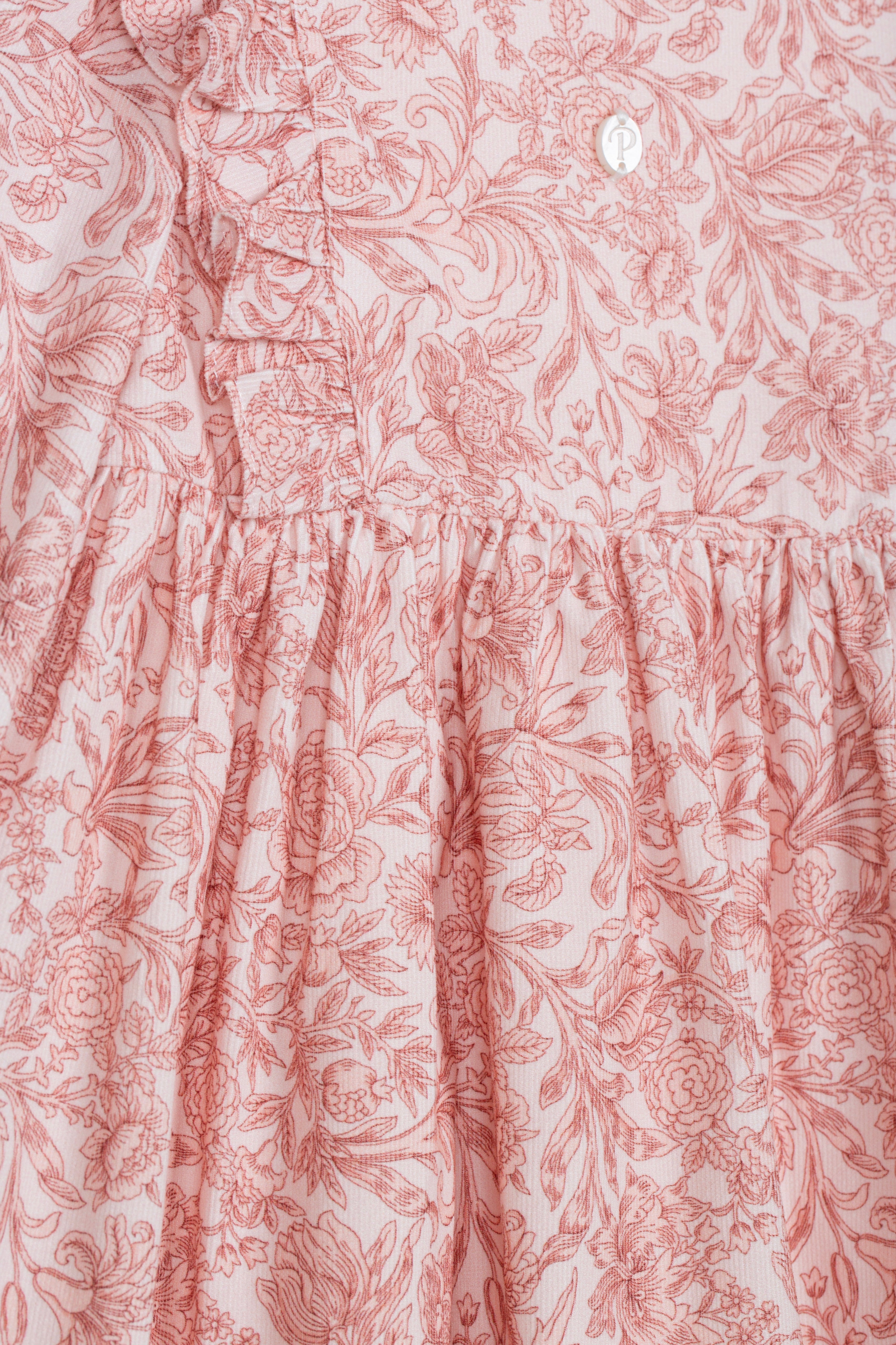 Close-up of Patachou Liberty Rose cotton dress floral print and gathered waist