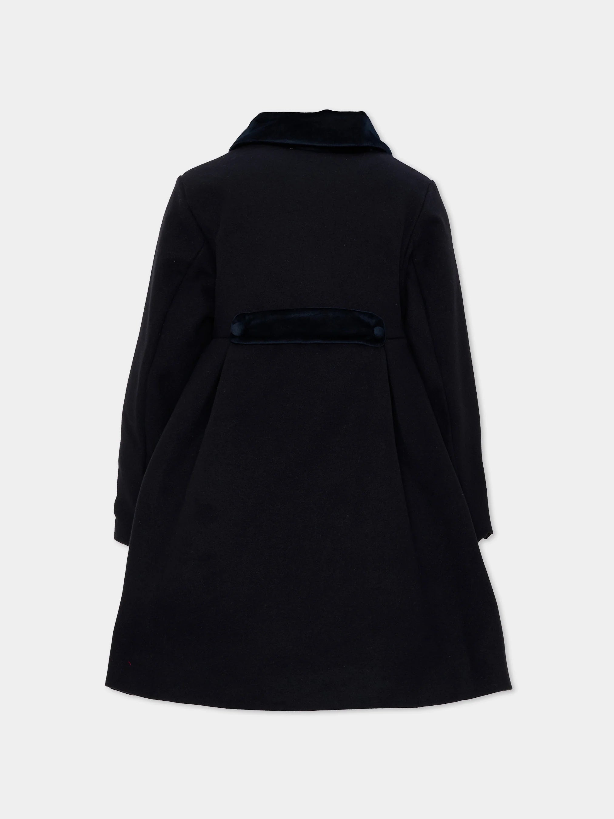 Patachou girls navy wool coat back view with buttoned waist tab