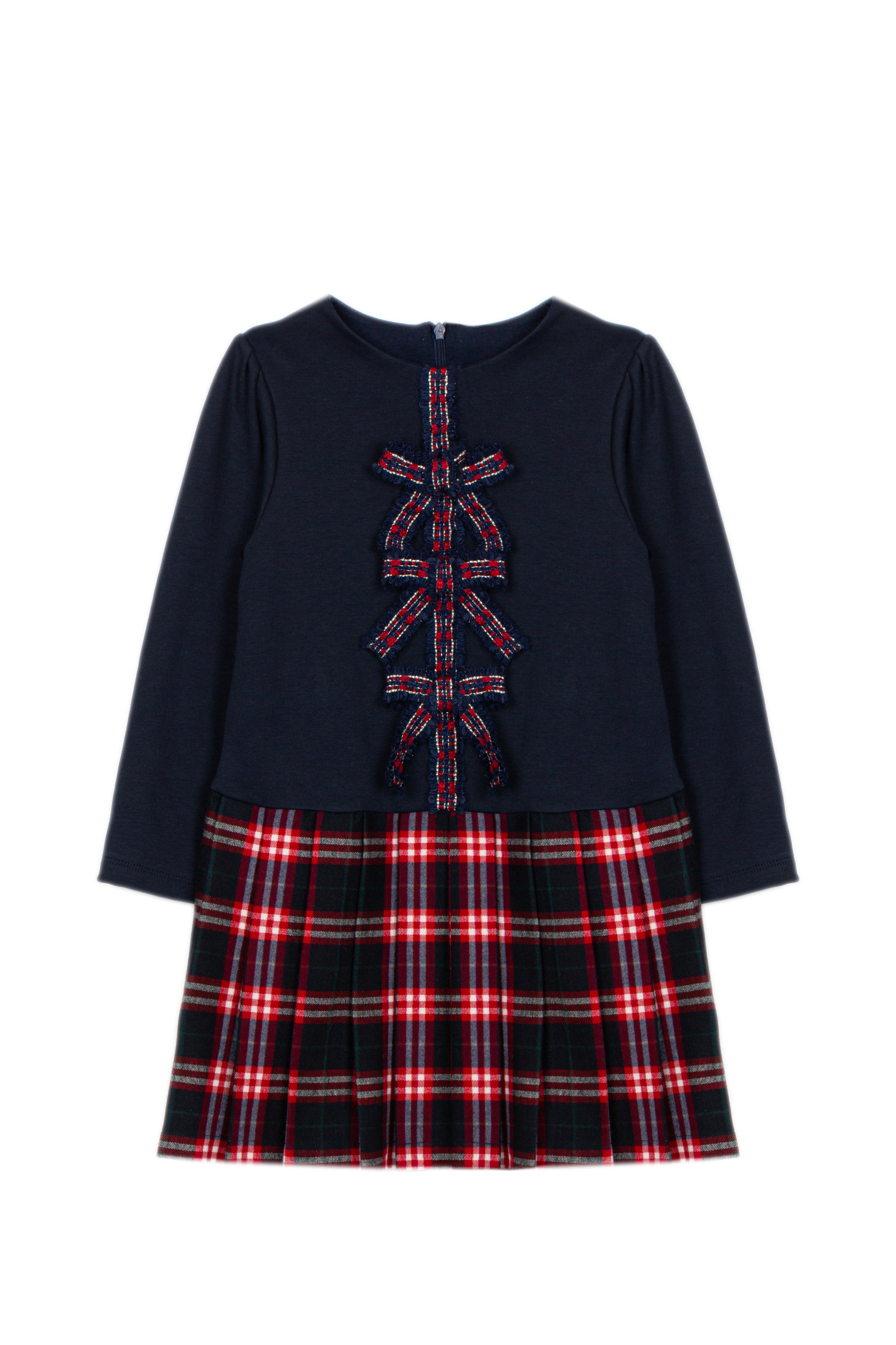Patachou girls navy tartan Christmas party dress with bow details front view