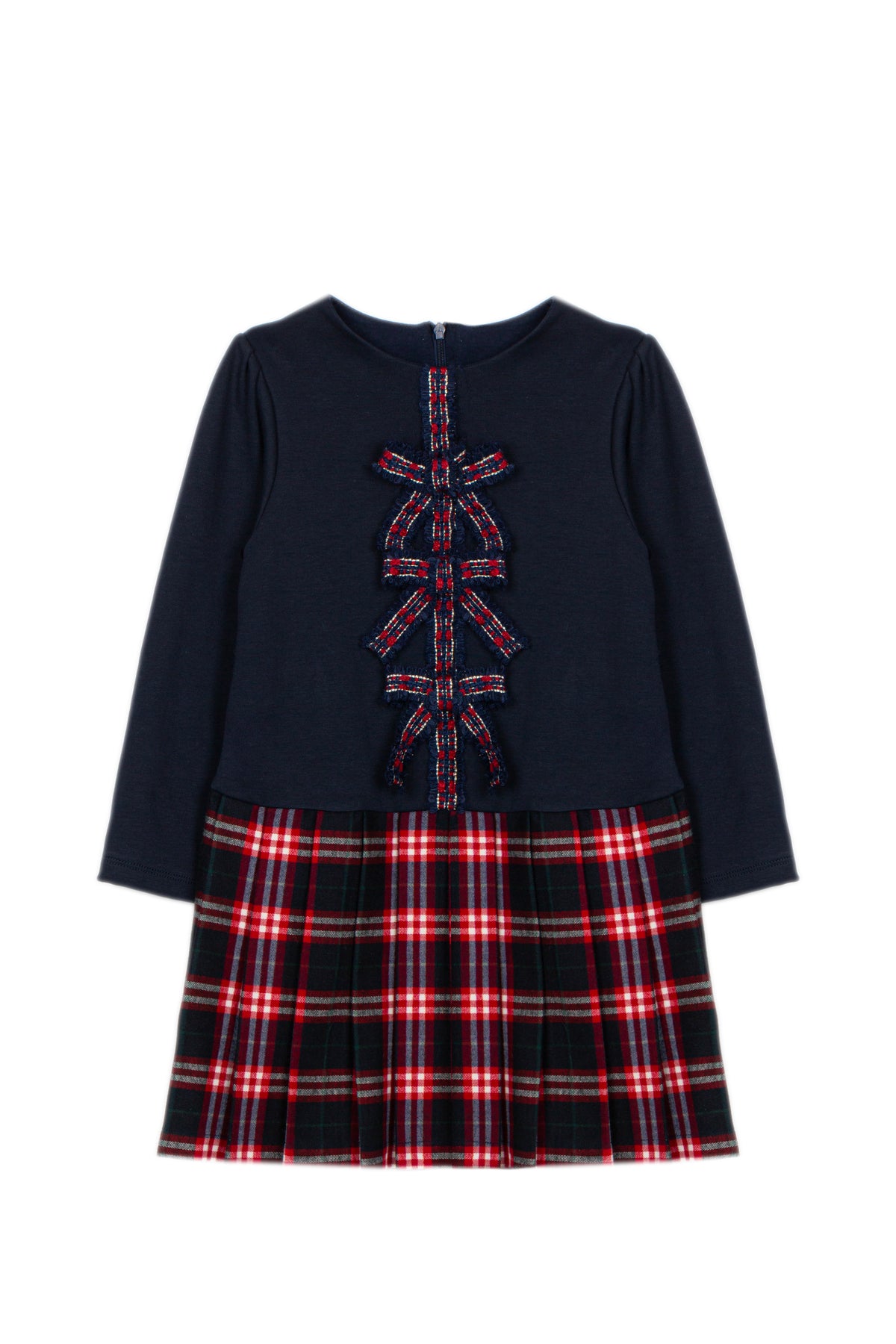 Patachou girls navy tartan Christmas party dress with bow details front view