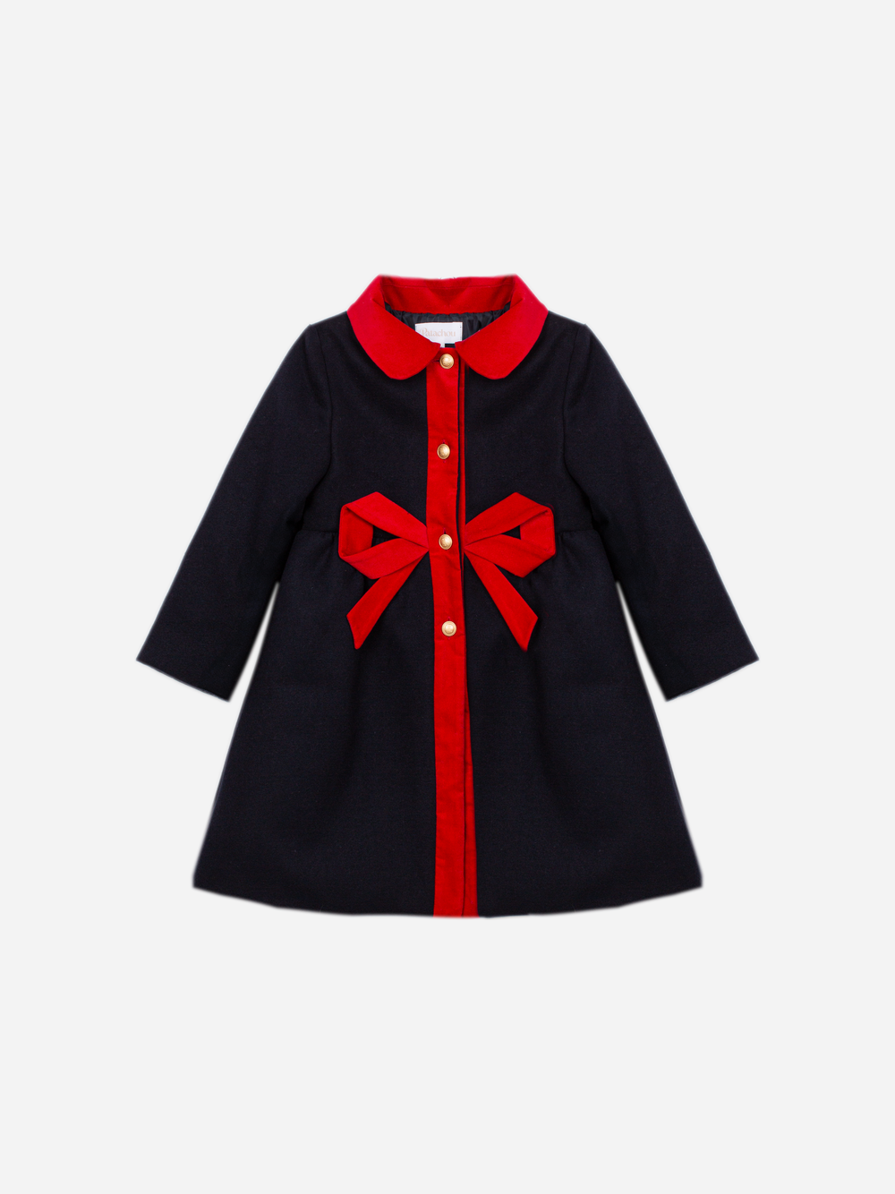 Patachou girls navy and red winter coat with statement bow front view