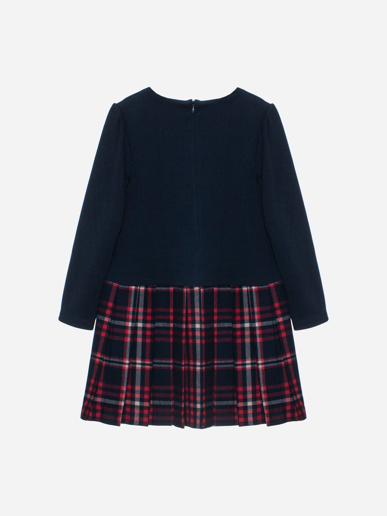 Patachou Girls Navy & Tartan Dress With Bow Details  From The Back