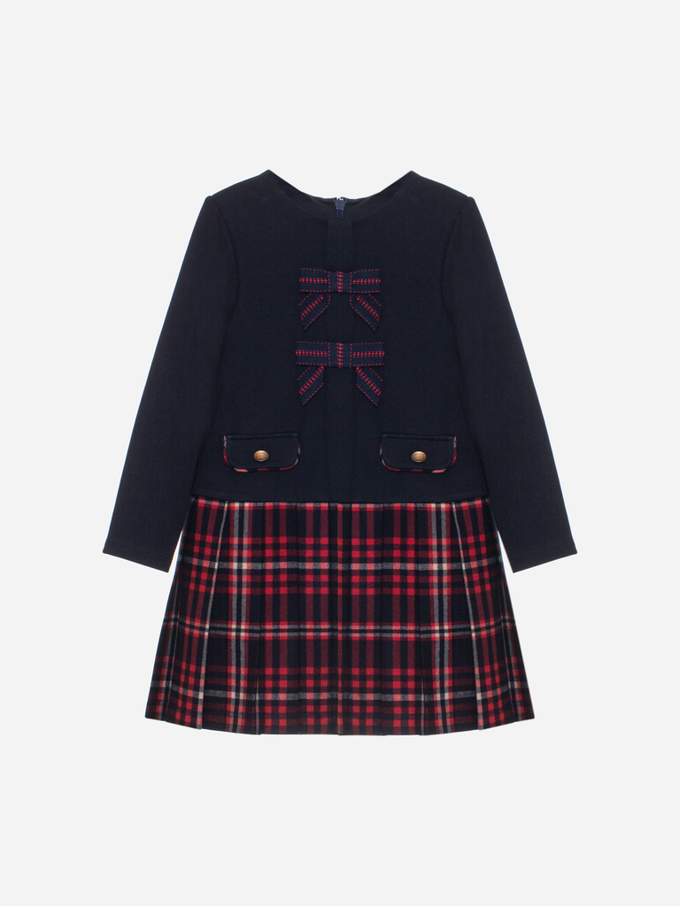 Patachou Girls Navy & Tartan Dress With Bow Details 