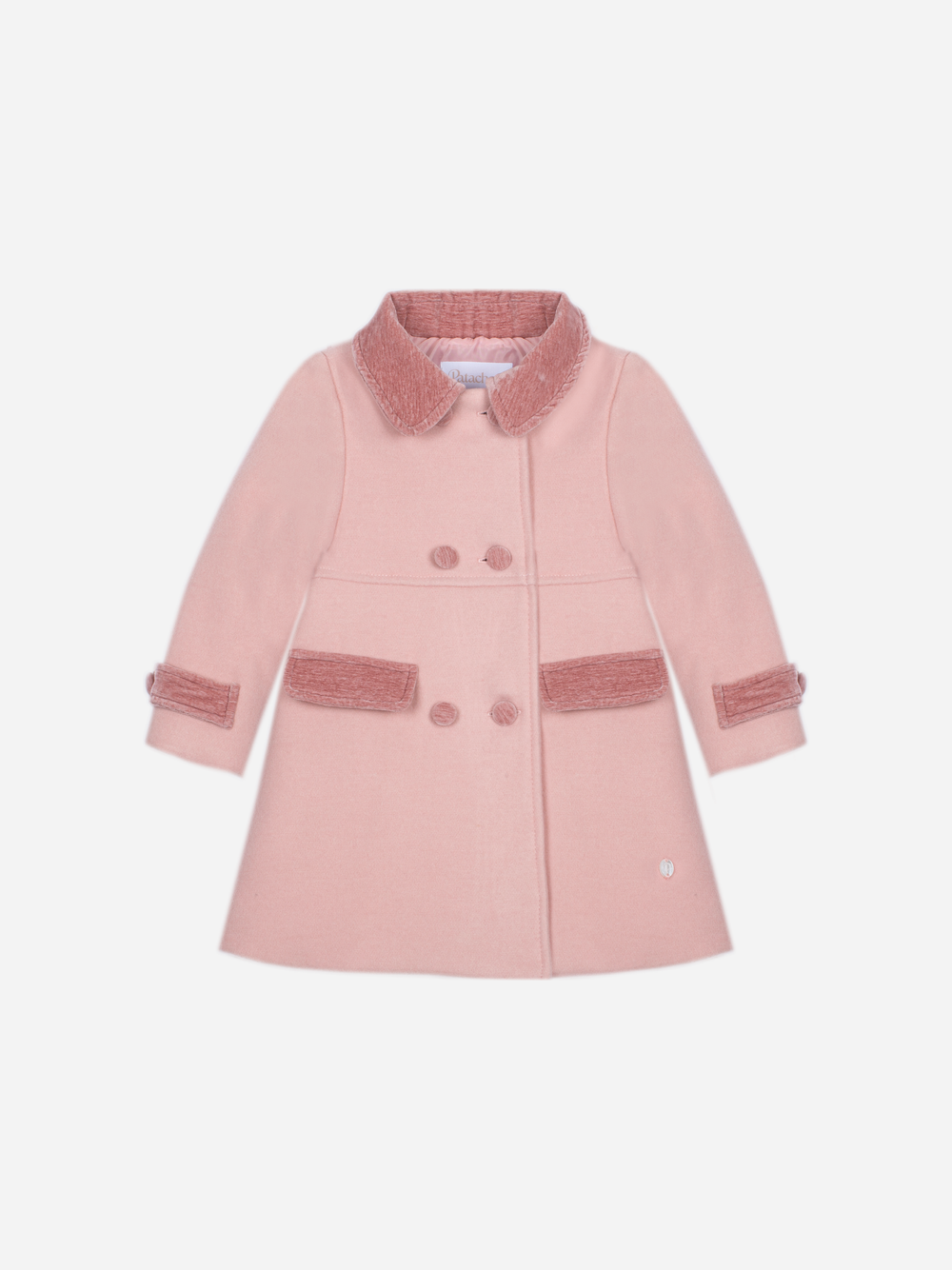 Patachou girls pale pink double-breasted coat with contrast collar and pocket trim front view