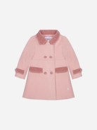 Patachou girls pale pink double-breasted coat with contrast collar and pocket trim front view