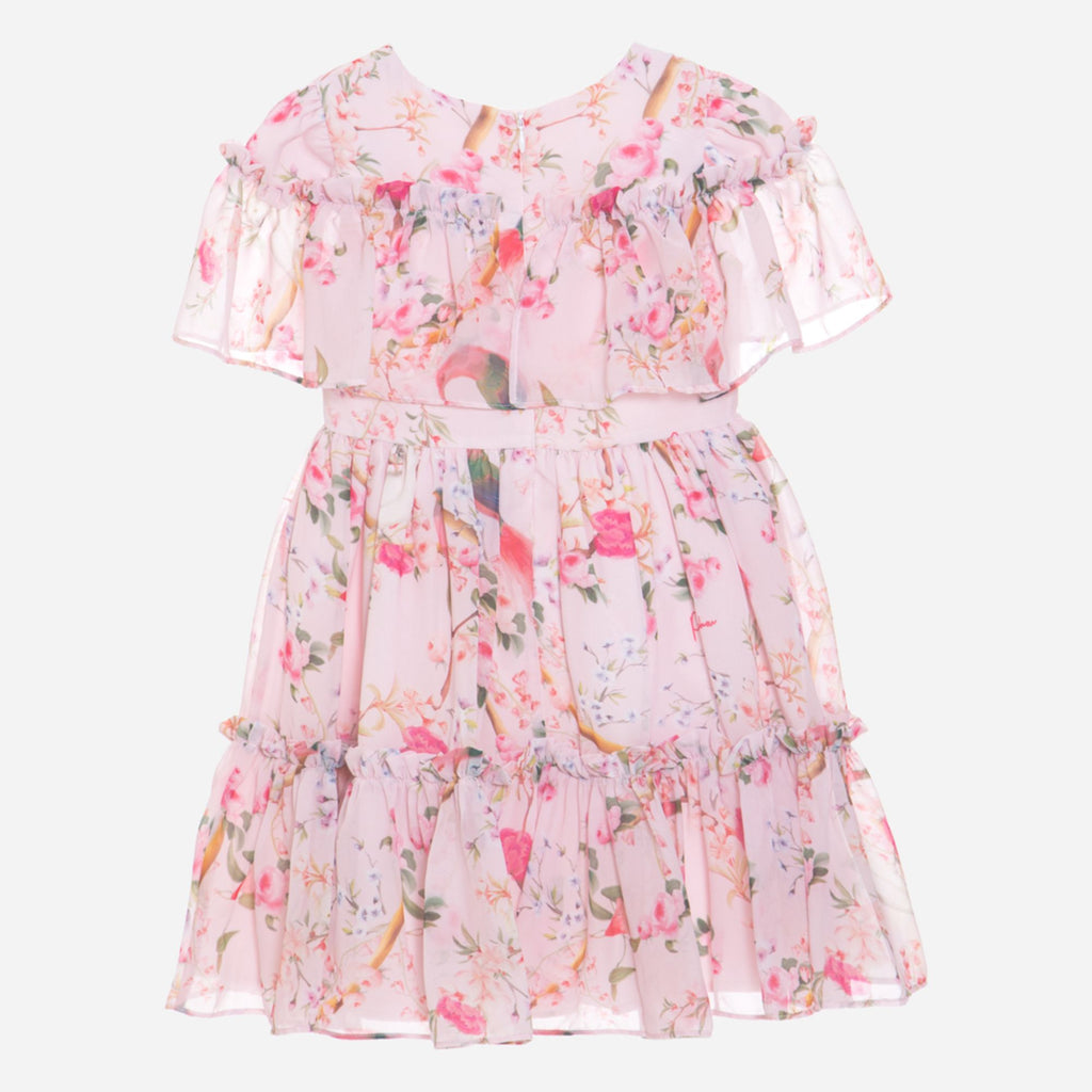 Patachou Girls Pink Floral Bird Print Occasion Dress From Back