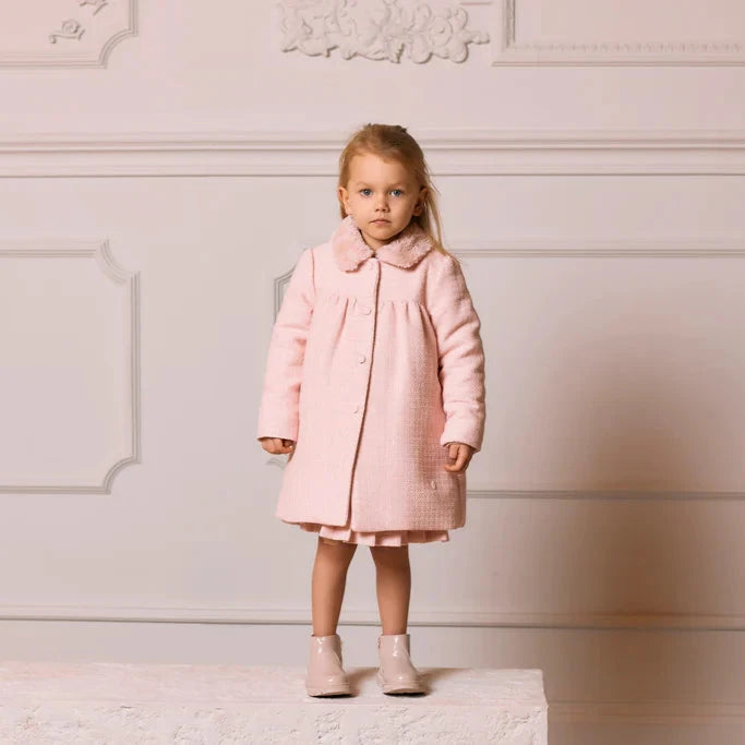 Patachou Pink Tweed Coat With Faux Fur Collar For Toddlers