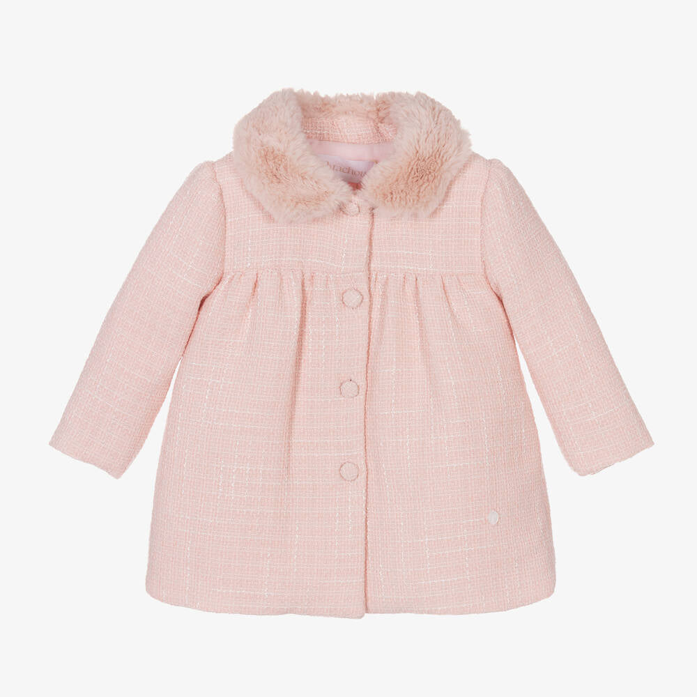 Patachou Girls Pink Tweed Coat With Faux Fur Collar