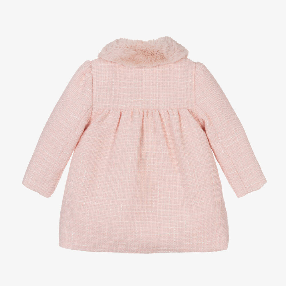 Patachou Girls Pink Tweed Coat With Faux Fur Collar From The Back