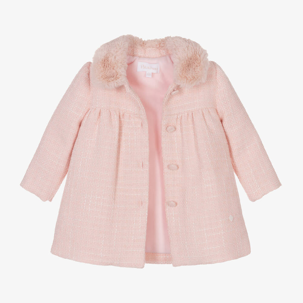 Patachou Cute Girls Pink Tweed Coat With Faux Fur Collar