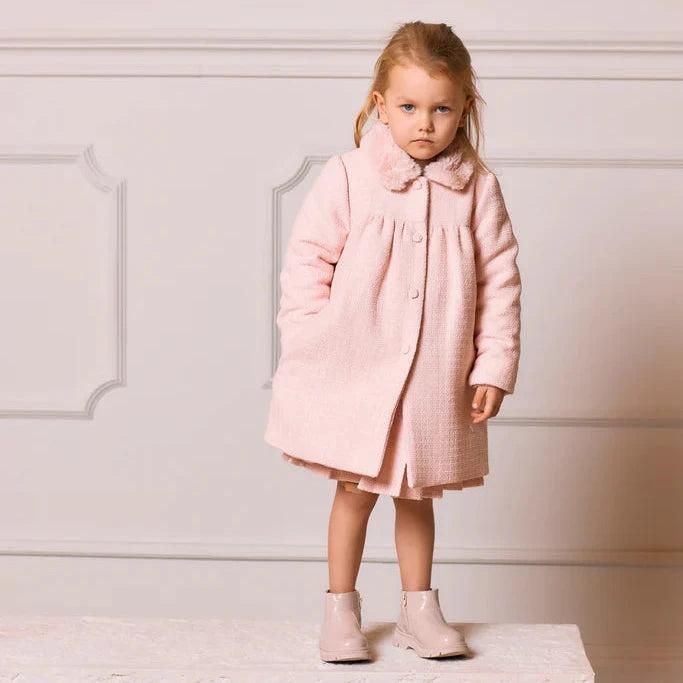 Patachou Pink Tweed Coat With Faux Fur Collar For Girls