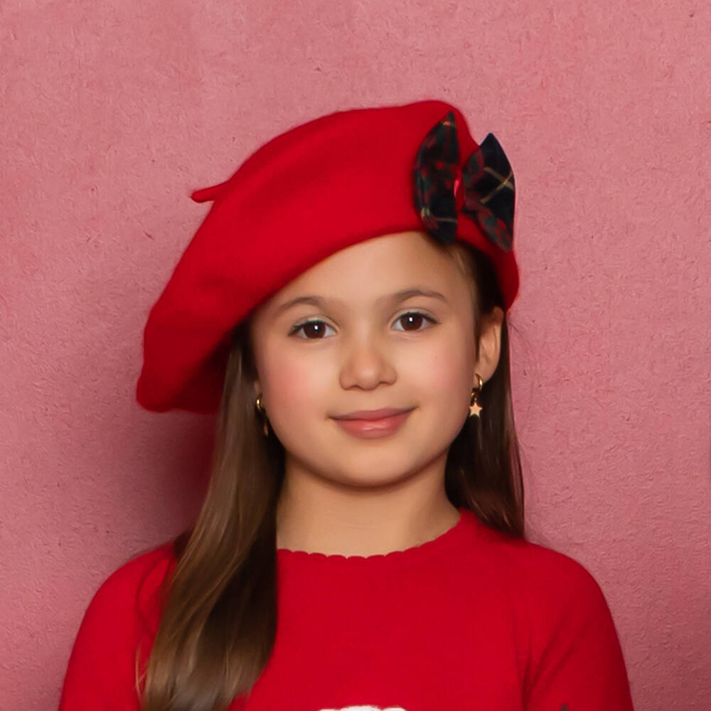 Patachou Girls Red Beret Hat With Tartan Bow Outfit