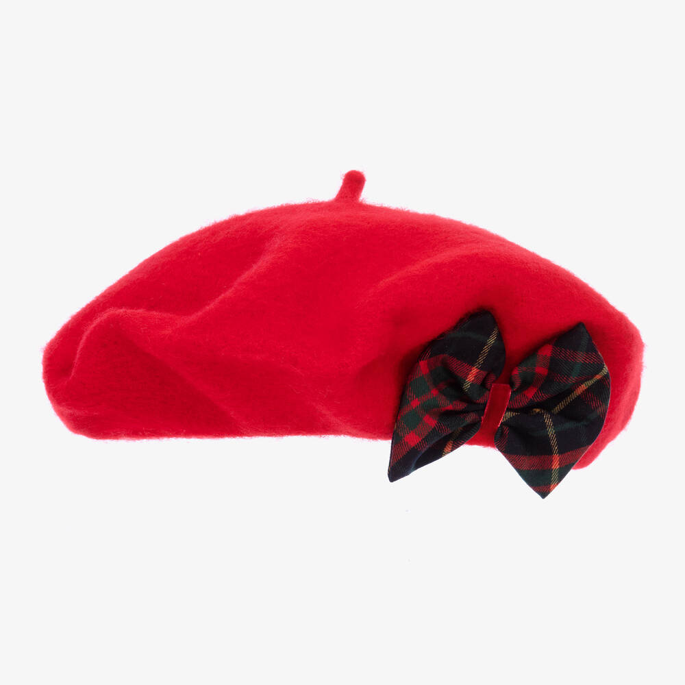 Patachou Girls Red Beret Hat With Tartan Bow