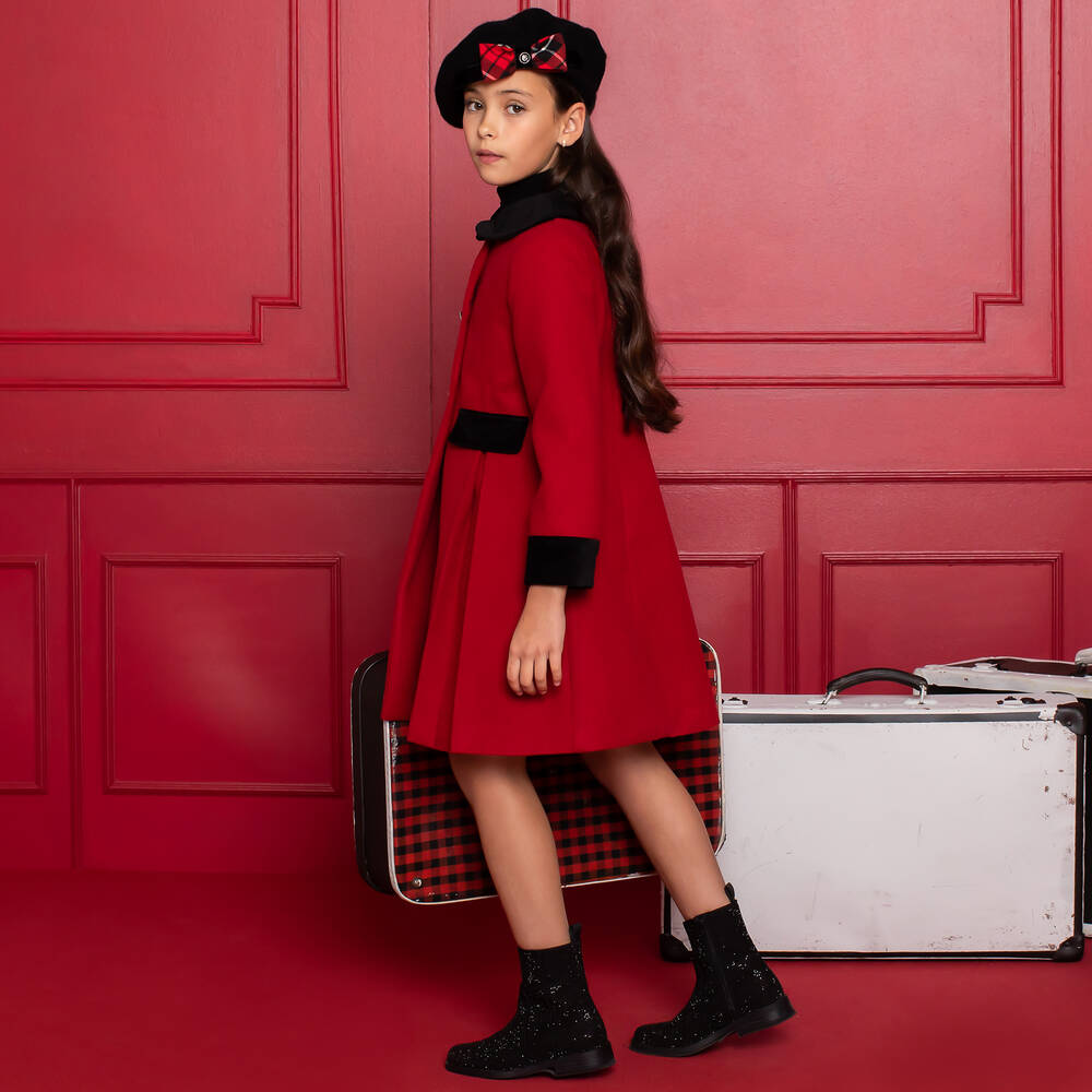 Patachou Girls Red Coat With Black Velvet Trim From The Back