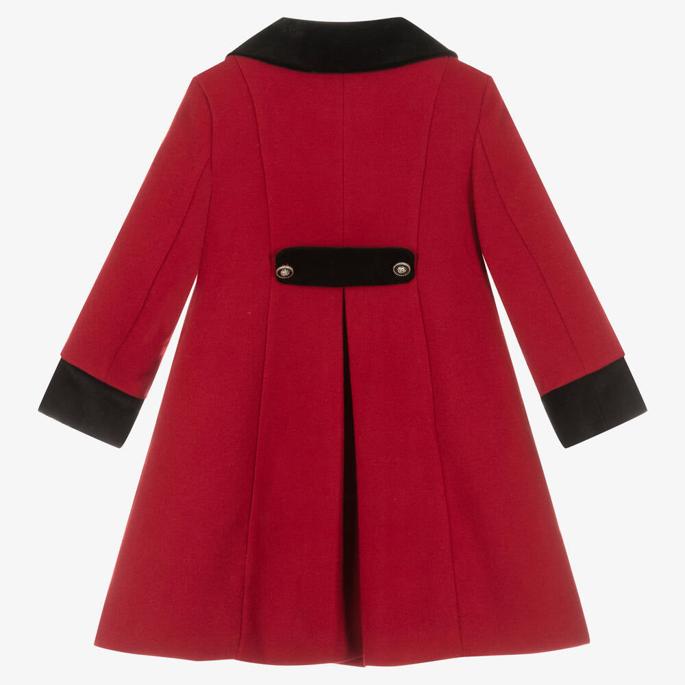 Patachou Girls Red Coat With Black Velvet Trim - Back