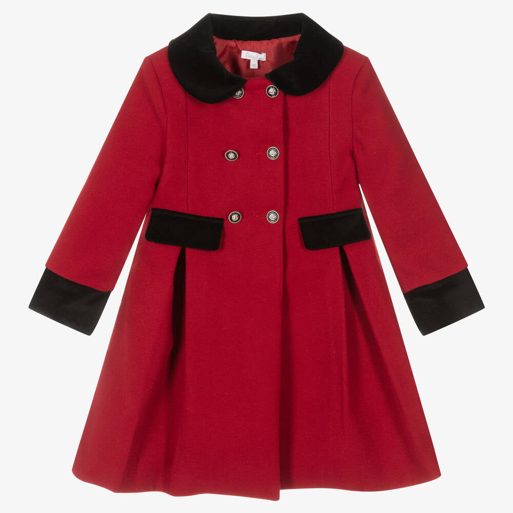 Patachou Girls Red Coat With Black Velvet Trim