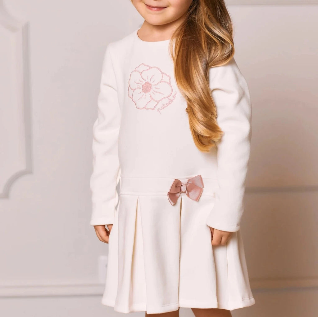 Patachou Girls Ivory Jersey Dress With Pink Bow