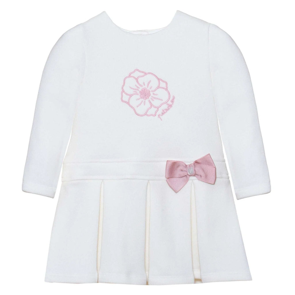 Patachou Ivory Long Sleeve Jersey Dress For Girls With Pink Bow