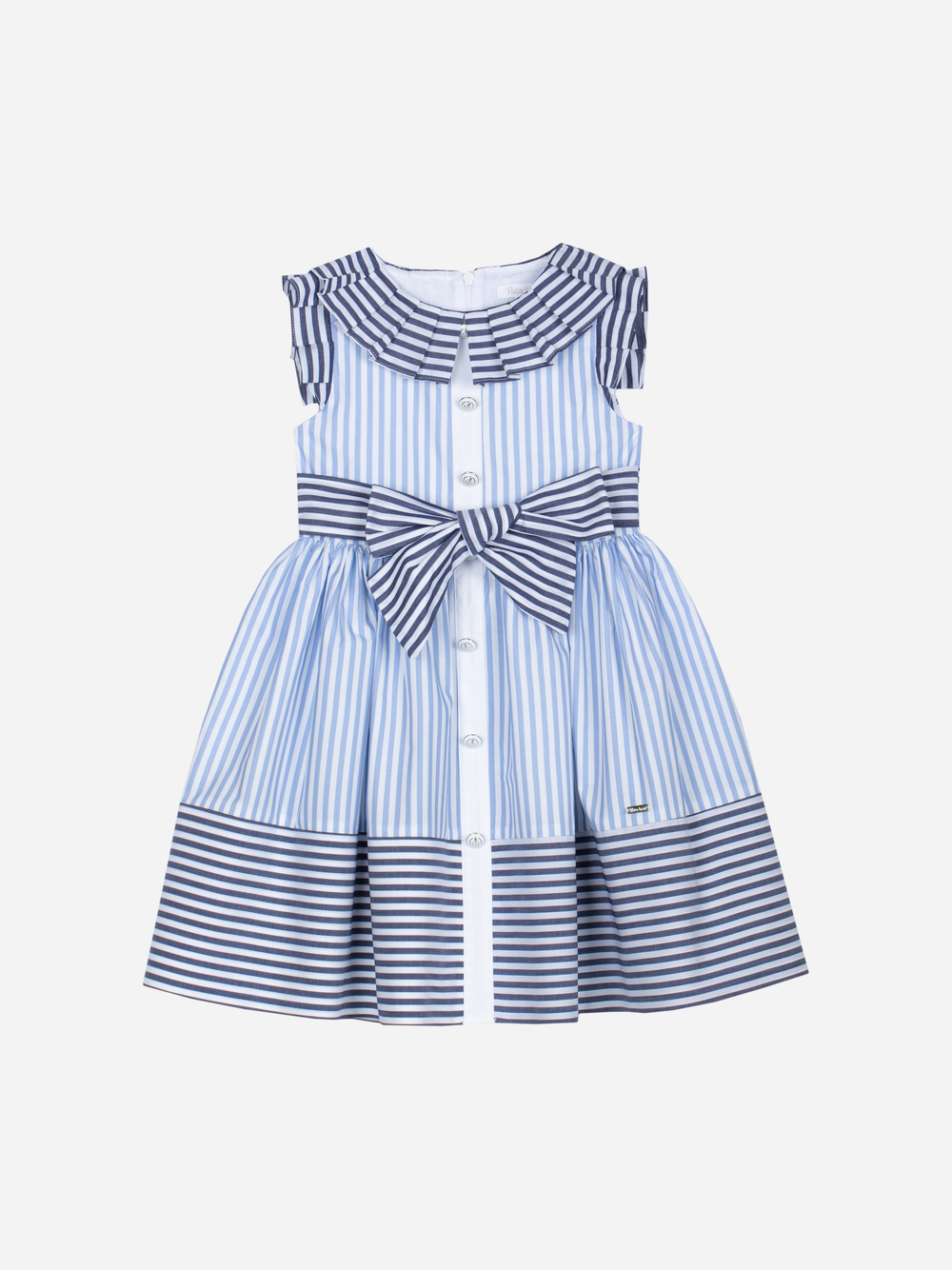 Patachou girls blue and navy striped bow dress front view