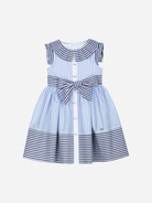 Patachou girls blue and navy striped bow dress front view