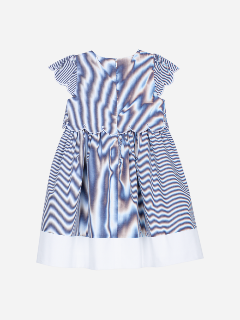 Patachou girls blue and white striped dress back view scalloped sleeve detail
