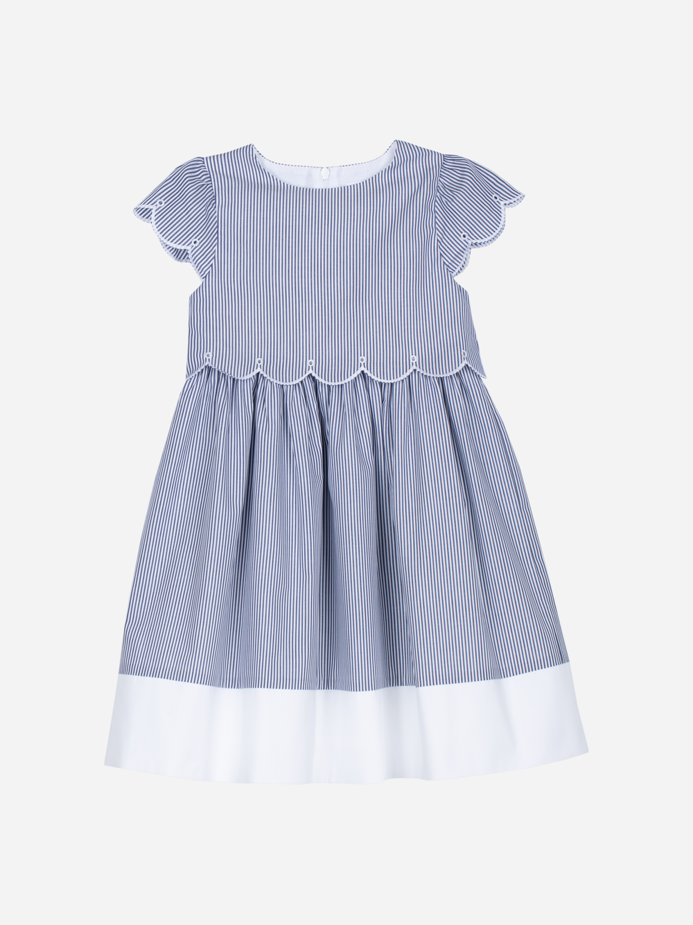 Patachou girls blue and white striped scalloped dress front view cotton occasion dress