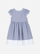 Patachou girls blue and white striped scalloped dress front view cotton occasion dress