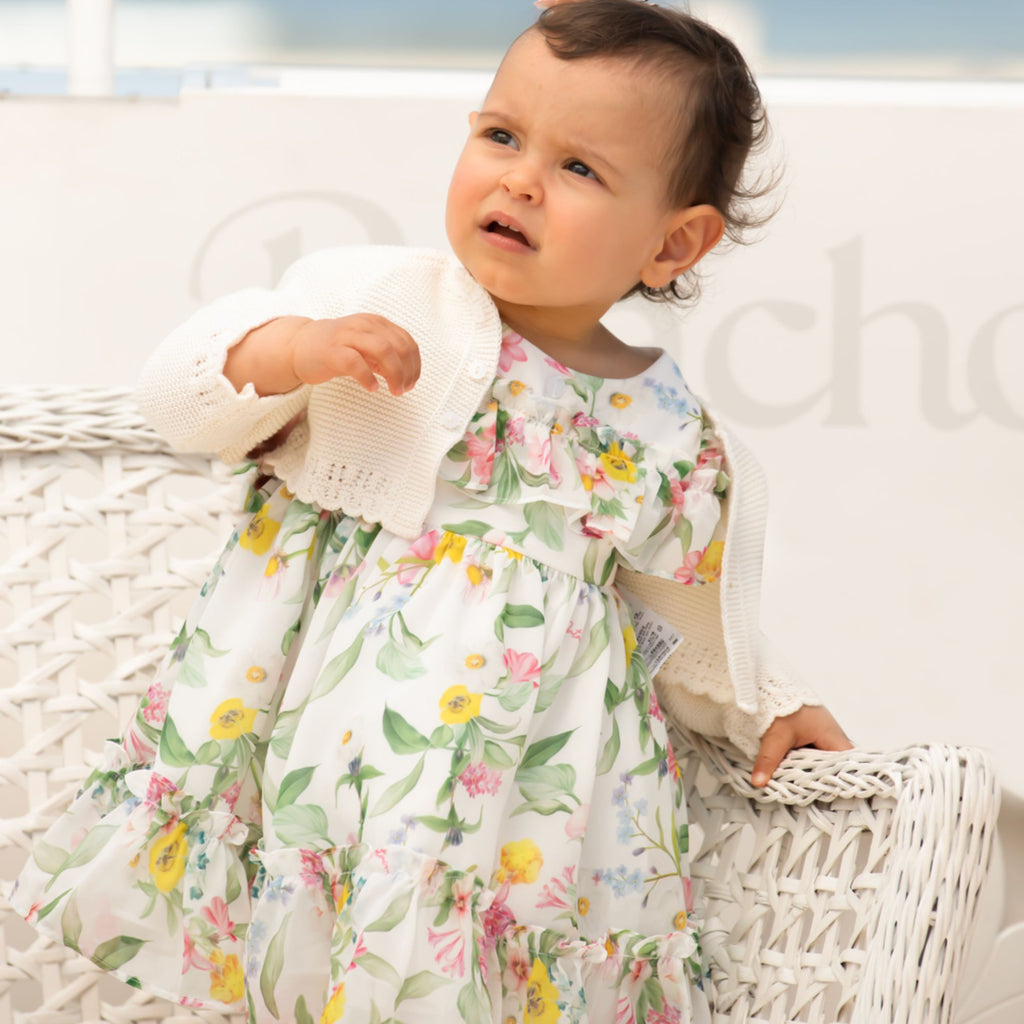 Patachou White Floral Print Chiffon Occasion Dress For Baby Girls