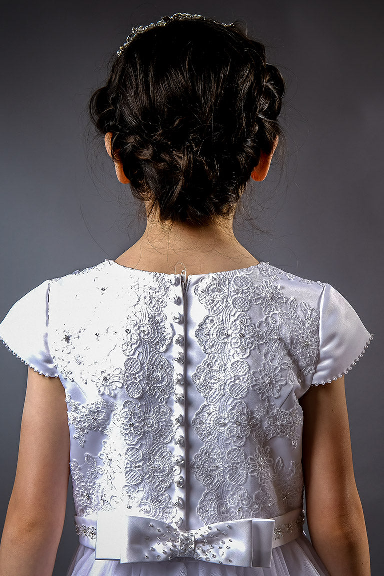 Poinsettia “Lola” White Communion Dress With Cute Button Detils At Back