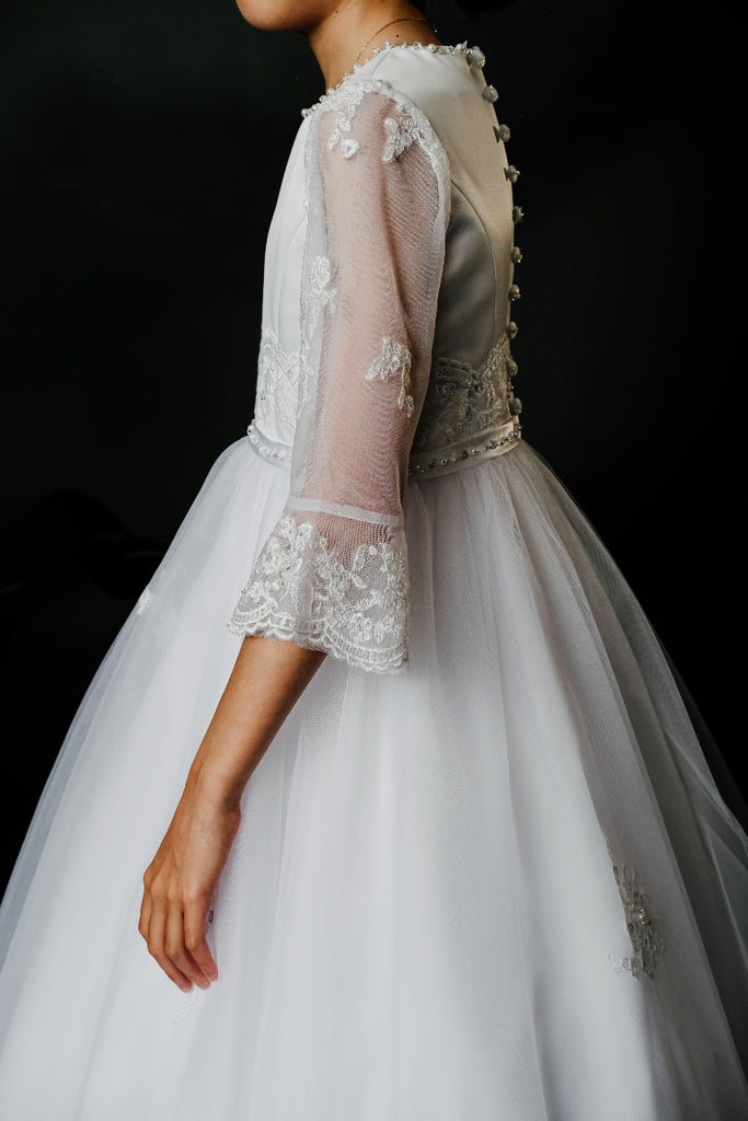 Poinsettia ‘Mila’ White Communion Dress With Sheer Long Lace Sleeves